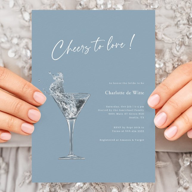 Convites Chá de panela Moderno de Animação ao Amor (Elegant Dusty Blue Cheers To Love Bridal Shower Invitation)