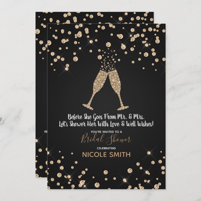 Convites Chá de panela Moderno de Champagne de Ouros (Frente/Verso)