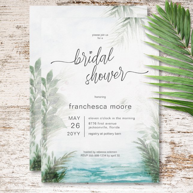 Convites Chá de panela moderno de mar tropical e palmeiras (Modern Tropical Sea & Palms Bridal Shower Invitation)