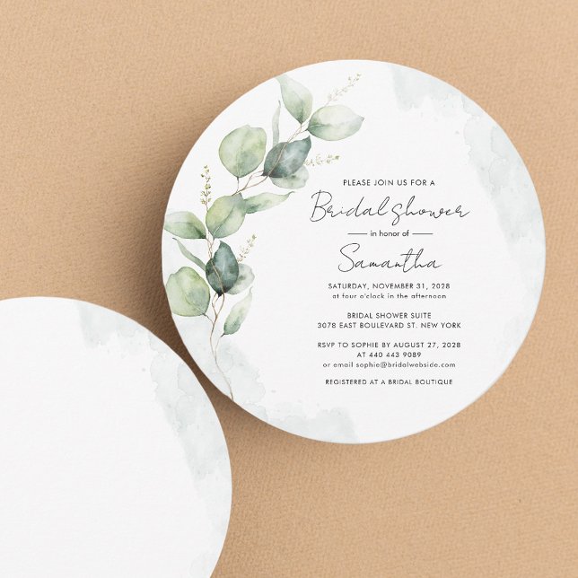Convites Chá de panela Moderno de Script Eucalyptus (Eucalyptus Greenery Watercolor Bridal Shower Round Invitation)
