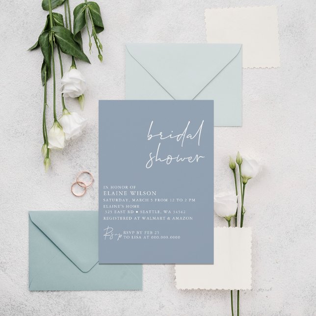Convites Chá de panela Moderno Elegante Simples e Azul Dust (Dusty Blue Simple Elegant Modern Bridal Shower Invitation)
