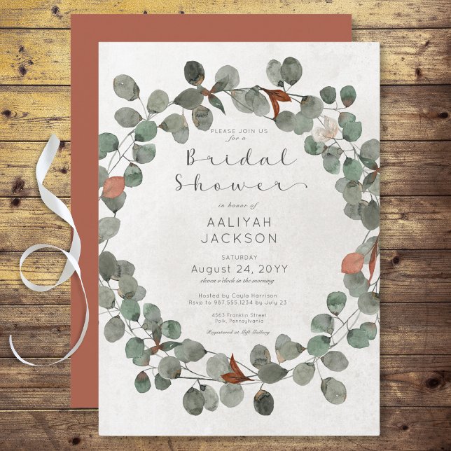 Convites Chá de panela moderno Eucalyptus verde e ferrugem (Rust & Green Eucalyptus Modern Bridal Shower Invitation)