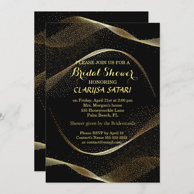 Convites Chá de panela moderno, Na moda Dourado e preto (Frente/Verso)