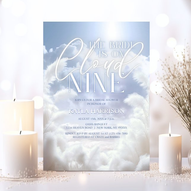 Convites Chá de panela Moderno Nine 9 Pampas (Modern Bride is On Cloud Nine 9 Pampas Bridal Shower Invitation)