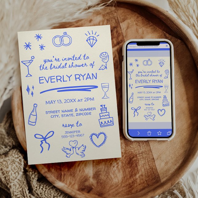 Convites Chá de panela Na moda de Coquete Azul Whimsical (whimsical hand drawn bridal shower invitations - choose print or digital download)