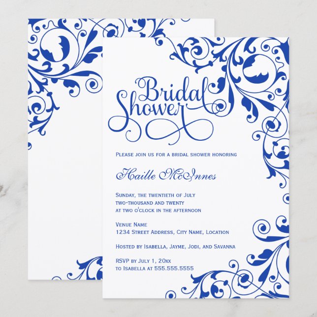 Convites Chá de panela na moda Royal Blue Swirls (Frente/Verso)