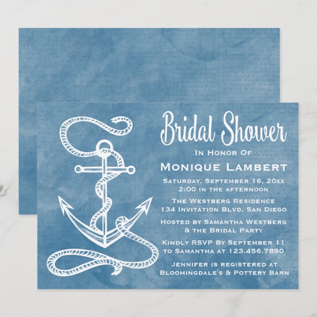 Convites Chá de panela Náutico Ancorar Azul (Frente/Verso)