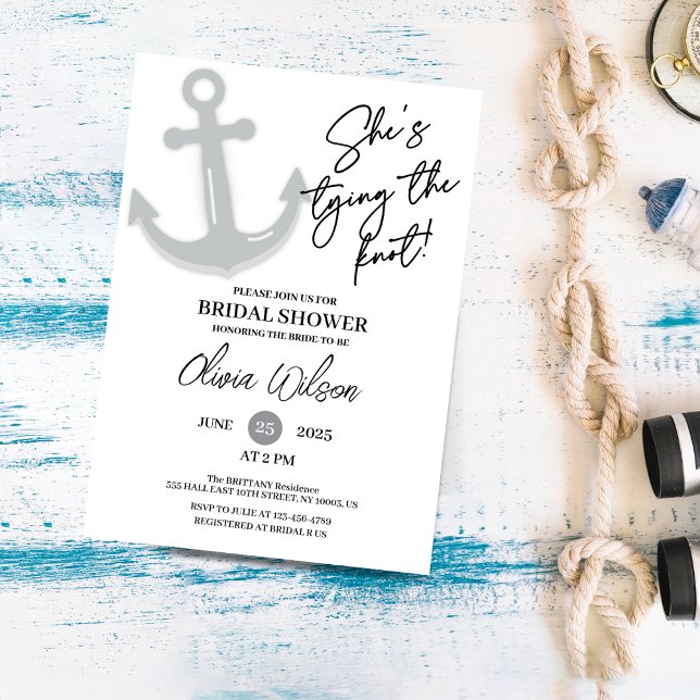 Convites Chá de panela Náutico do Casando ancorador (She’s Tying the Knot" nautical bridal shower acrylic invitation gray anchor design, modern minimalis)
