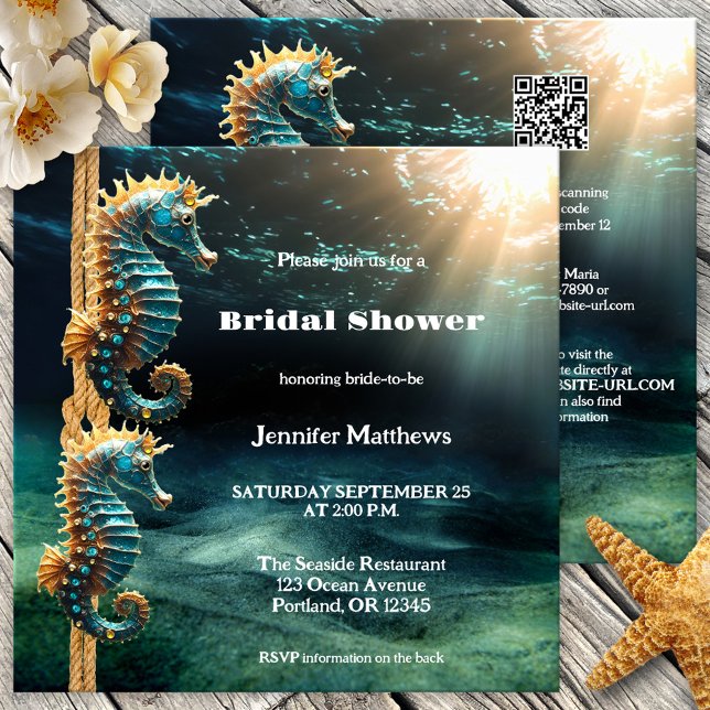 Convites Chá de panela oceânico artístico (Bridal shower invitation featuring seahorses ready to tie the knot - ocean - sea - seaside - QR code)
