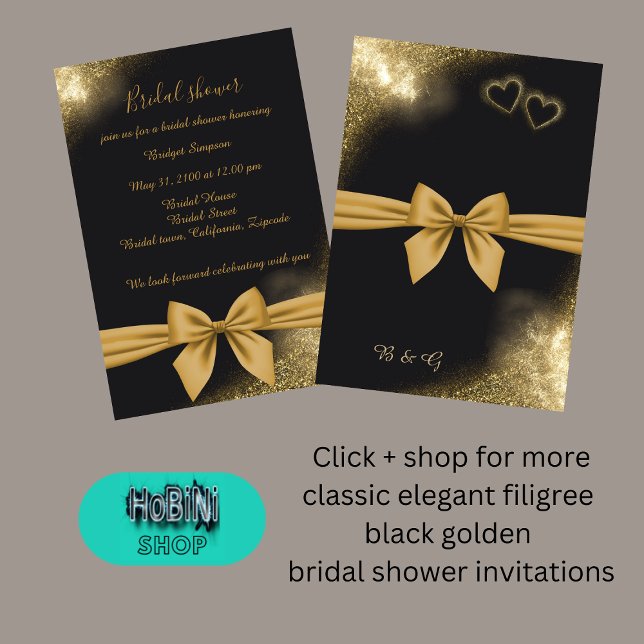 Convites chá de panela ouro preto de fita elegante chic (classic elegant filigree black golden bridal shower invitation)