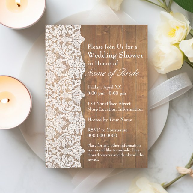 Convites Chá de panela: Padrão Floral de Locação e Madeira  (Bridal Shower Invitation - Rustic Modern Wood and Lace)