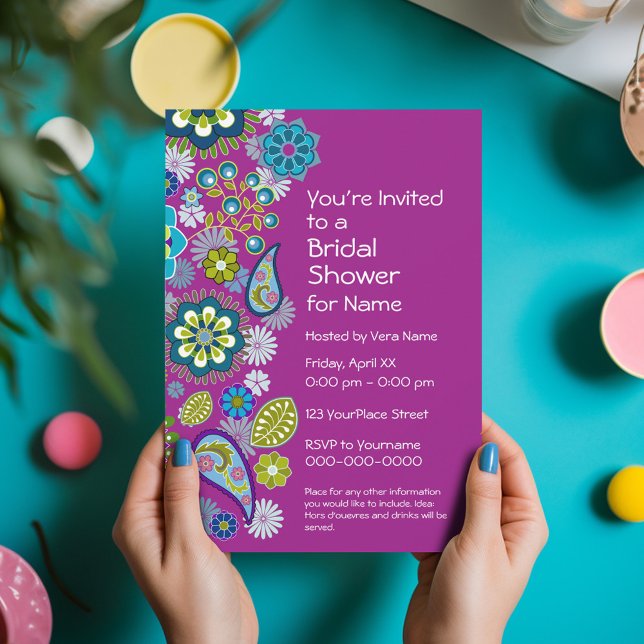 Convites Chá de panela - Padrão Floral Divertido - magenta (Funky Floral Bridal Shower Invitation - Retro Flowers and Deep Colors)