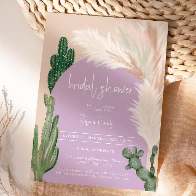 Convites Chá de panela pampas de arco roxo Boho cactus (Boho cactus pampas arch purple Bridal shower Invitation)