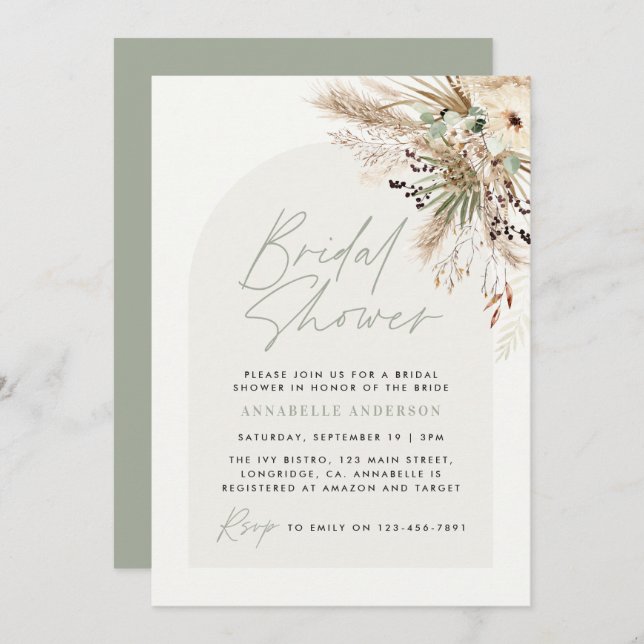 Convites Chá de panela pampas eucalyptus sage verde moderno (Frente/Verso)