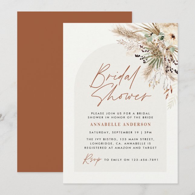 Convites Chá de panela pampas herdeiro moderno boho elegant (Frente/Verso)