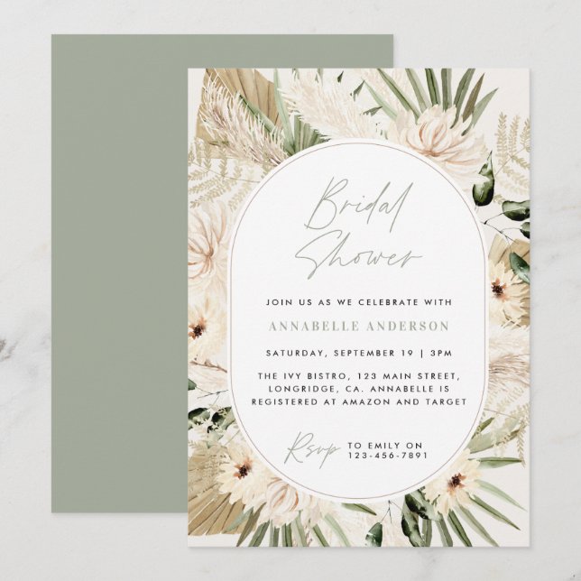 Convites Chá de panela pampas verde-moderno (Frente/Verso)