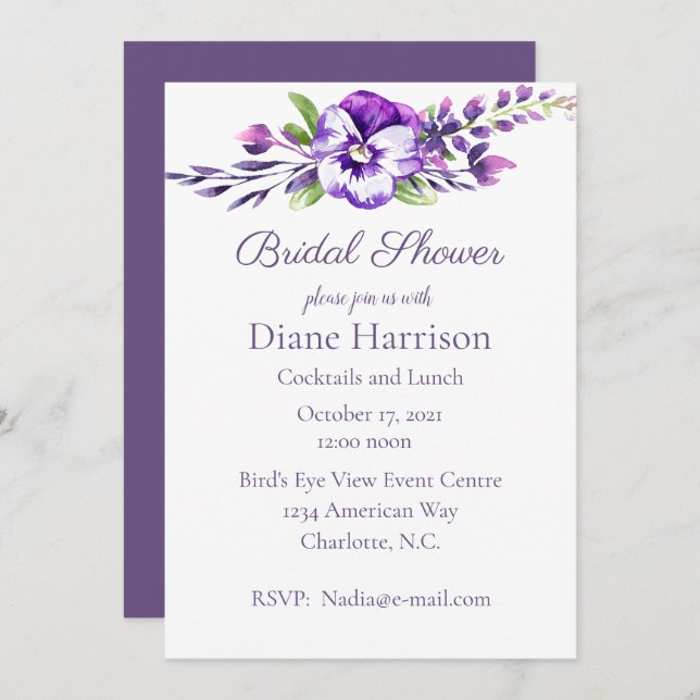 Convites Chá de panela Pansy de Watercolor (Frente/Verso)