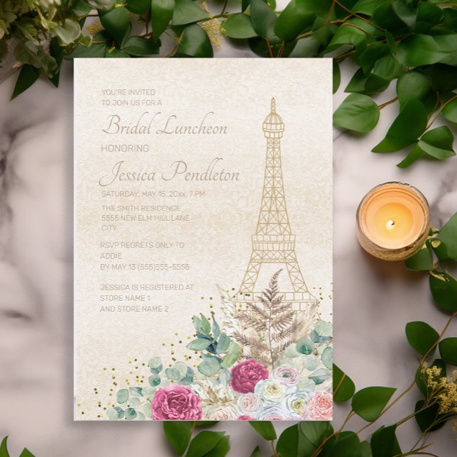 Convites Chá de panela Paris Torre Eiffel Francesa, Rosa Do (Pink floral on cream-colored Paris/Eiffel Tower bridal luncheon invitation)