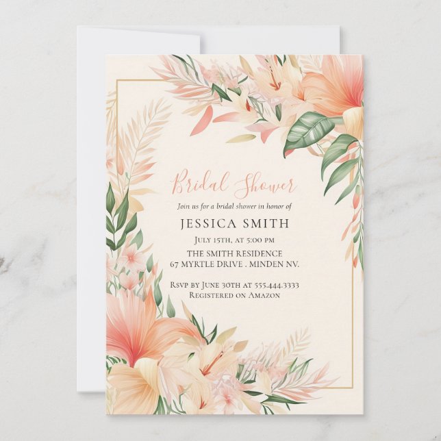 Convites Chá de panela Peach Floral Boho (Frente)
