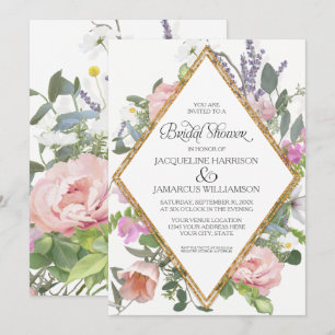 Convites Chá de panela Peony Lavanda Dourada Elegante Flor