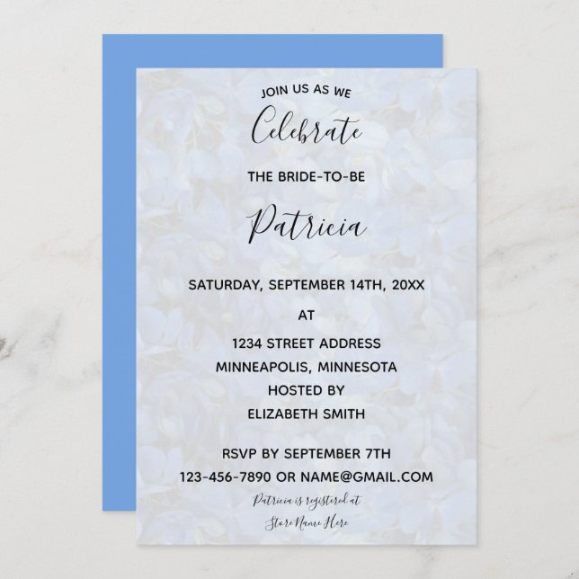 Convites Chá de panela Periwinkle Blue Hydrangeas (Frente/Verso)