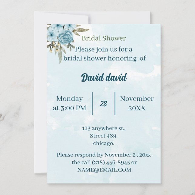 Convites Chá de panela Personalizado de Flor Azul Elegante (Frente)