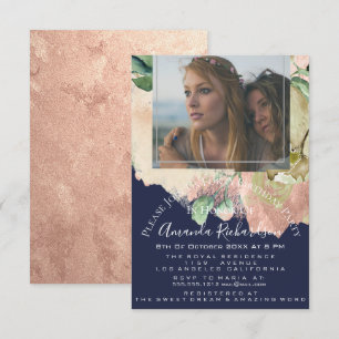 Convites Chá de panela Photo Floral Birthday Marinho Peach