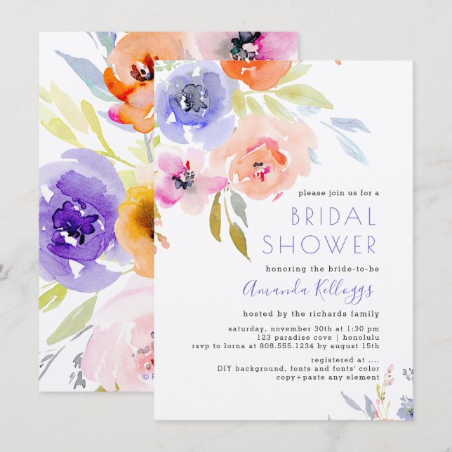 Convites Chá de panela PixDezines Floral Primavera Watercol (Frente/Verso)