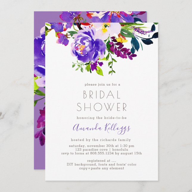 Convites Chá de panela PixDezines Floral Watercolor, Roxo (Frente/Verso)