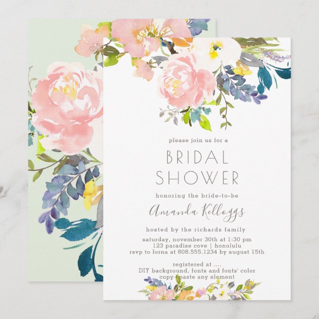 Convites Chá de panela PixDezines Flores de Água Pastel (Frente/Verso)