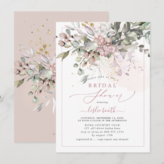 Convites Chá de panela PixDezines Pink Gum Eucalyptus Dusty (Frente/Verso)