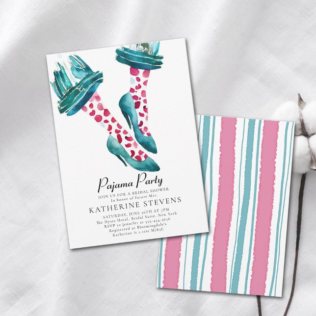 Convites Chá de panela PJ Stilettos do Partido Pajama Rosa (pajama party bridal shower invitation whimsical watercolor unique original art pj stilettos cute)