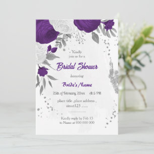 Convites chá de panela prateado roxo real flores brancas