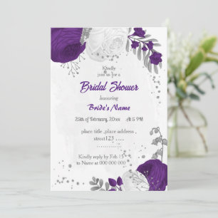 Convites chá de panela prateado roxo real flores brancas