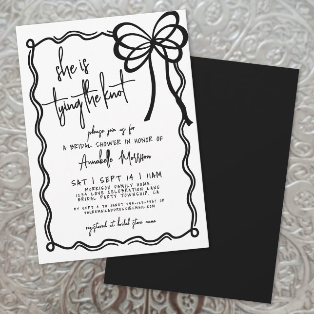 Convites Chá de panela preto branco desenhado à mão Arco (Hand Drawn Black White Bow Bridal Shower Invitation)