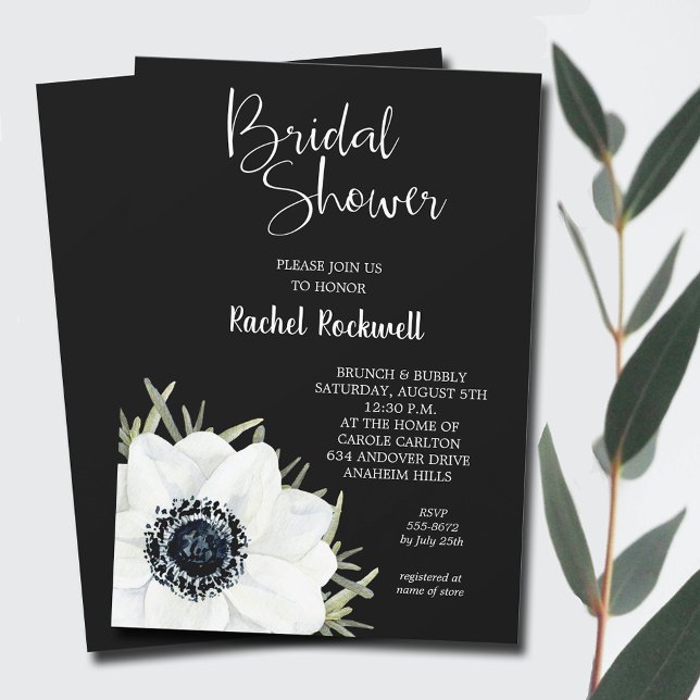 Convites Chá de panela Preto de Flores Brancas (Black White Flowers Bridal Shower Invitations - INSTANT DOWNLOAD and/or PRINTED)