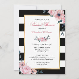 Convites Chá de panela Preto Dourado Floral Rosa Vintage