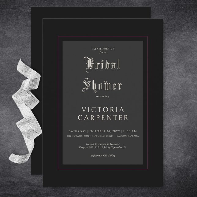 Convites Chá de panela Preto e Borgonha Mínimo Gótico Escur (Dark Gothic Minimal Black & Burgundy Bridal Shower Invitation)