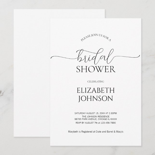 Convites Chá de panela preto e branco com script mínimo sim (Frente/Verso)