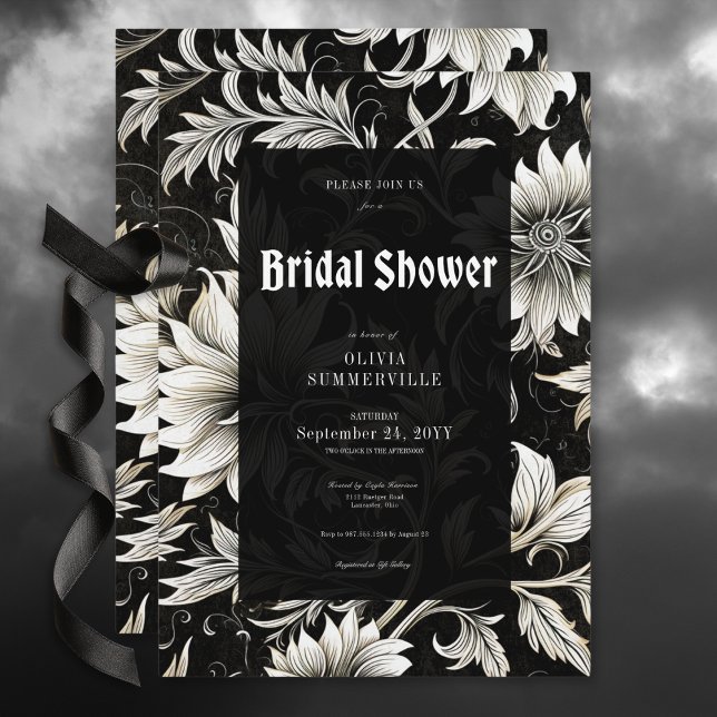 Convites Chá de panela preto e branco de Vintage preto (Dark Vintage Black & White Damask Bridal Shower Invitation)