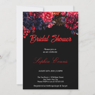 Convites Chá de panela Preto e Gótico Vermelho Floral Escur