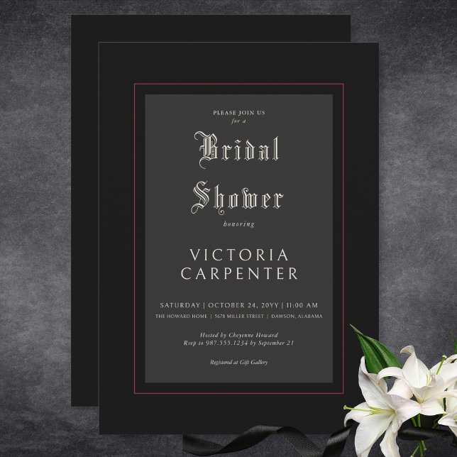 Convites Chá de panela Preto e Vermelho Mínimo Gótico Escur (Dark Gothic Minimal Black & Red Bridal Shower Invitation)