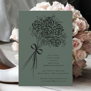Convites Chá de panela preto Elegante Rose Bouquet