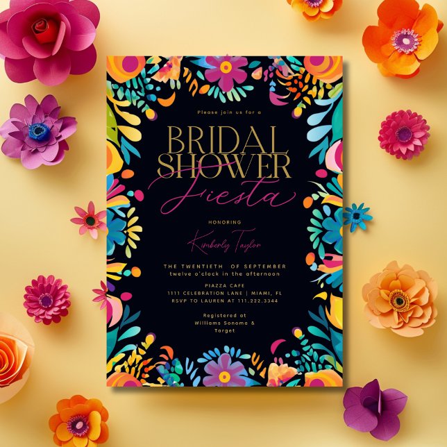 Convites Chá de panela Preto Fiesta Mexicano (Mexican Fiesta Black Bridal Shower Invitation)