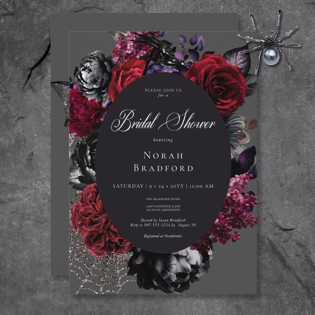 Convites Chá de panela Preto Floral de Glama do Halloween E (Dark Halloween Glam Floral Black Bridal Shower Invitation)