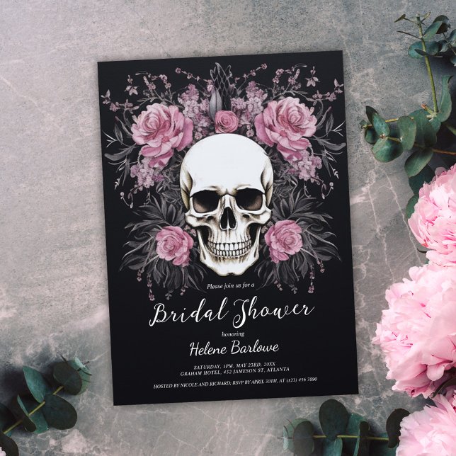 Convites Chá de panela Preto Floral Gótico Escuro (Dark Gothic Floral Black Bridal Shower Invitation)