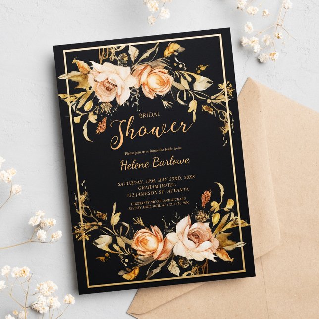 Convites Chá de panela Preto Floral Moderno (Black Floral Modern Bridal Shower Invitation)