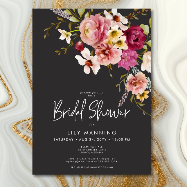Convites Chá de panela Preto Floral Moderno Elegante (Modern Elegant Meadow Floral Black Bridal Luncheon Invitation)