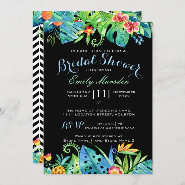 Convites Chá de panela preto floral tropical (Frente/Verso)