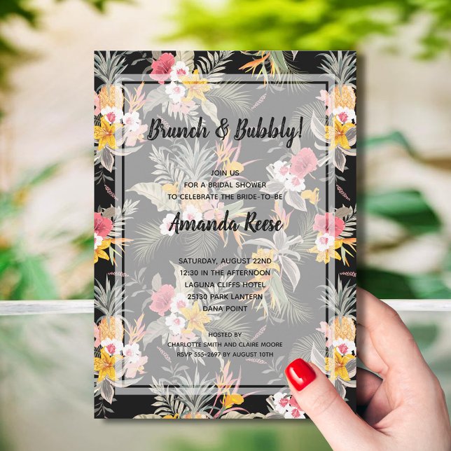 Convites Chá de panela Preto Floral Tropical (Brunch and Bubbly Tropical Bridal Shower Invitations - INSTANT DOWNLOAD and/or PRINTED)